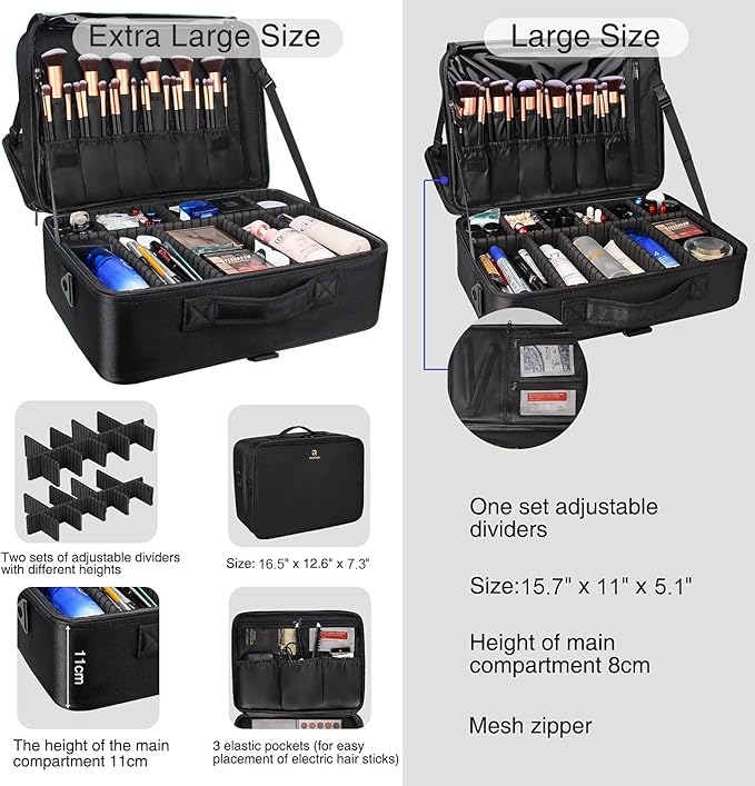 Relavel Extra Large Makeup Case Travel Makeup Train Case Professional Makeup Artist Bag Portable Nail Organizer Box Art Supply Case with Adjustable Dividers/Attach to Trolley/Shoulder Strap (Black)