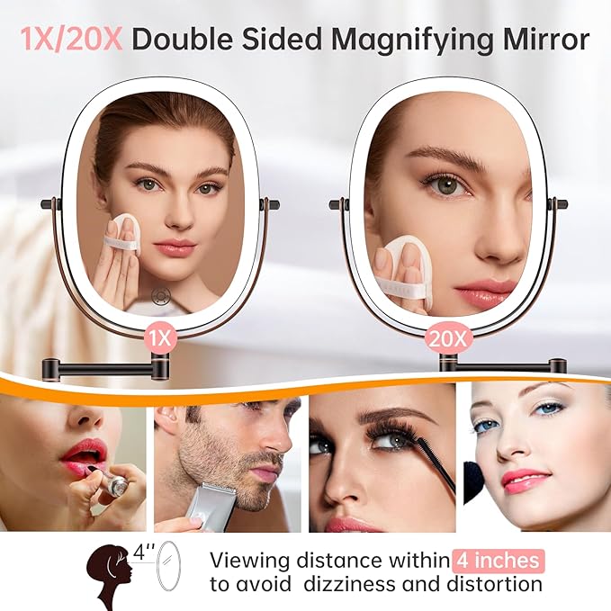 20X/1X Wall Mounted Lighted Makeup Mirror, Rechargeable Double Sided Magnifying Bathroom Lighted Mirror, 3 Color Modes Touch Dimmable Extended Arm 360 Rotation, Antique Bronze