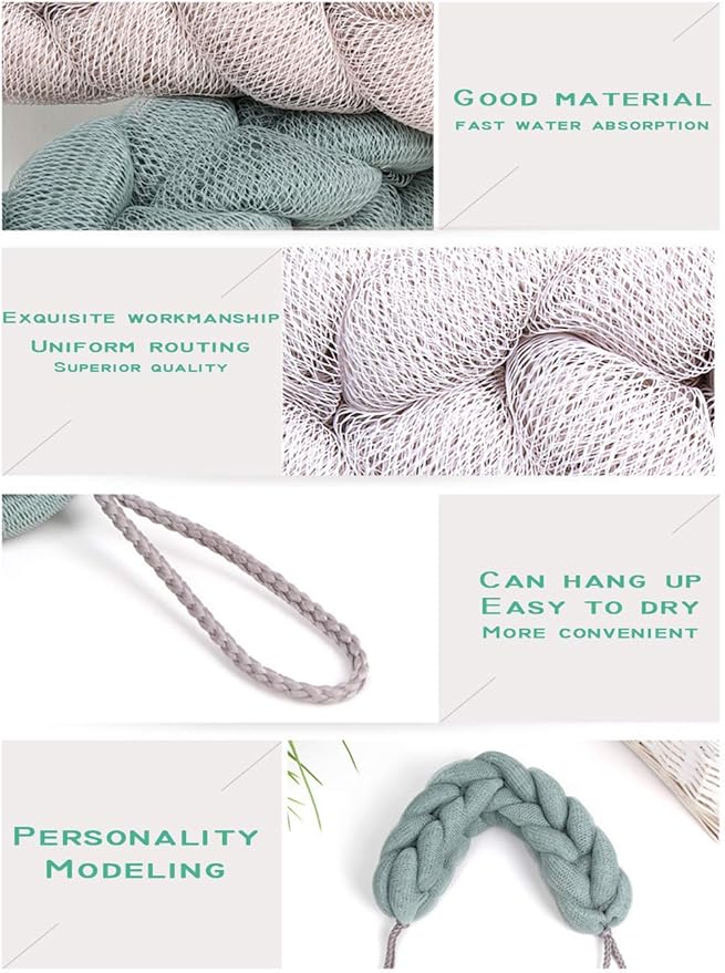 AARainbow 4 Packs Long Stretch Back Sponge with Rope Handles Back Scrubber Bath Shower Mesh Sponge Exfoliating Body Scrub Stretch Braided Loofah for Men and Women (2 Gray+2 Lotus Pink)