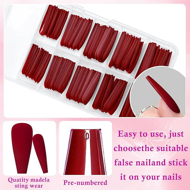 LoveOurHome 100pc Coffin Press on Nails Long Fake Nails Matte Full Cover False Nails Press ons Artificial Nail Medium Ballerina Fake Fingernail Wine Red Presson on Nail Tips for Women Kids Girls