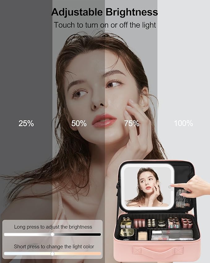 Relavel Makeup Train Case With LED Mirror, Professional Travel Cosmetic Bag with Removable Partitions,Compact Makeup Organizer, Waterproof Toiletry Case for Women, Pink