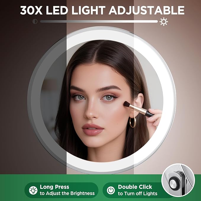 30x Magnifying Mirror, Lighted Makeup Mirror with 3 Colors Modes & Adjustable Brightness, 360° Rotation Double Side, Large Magnifying Vanity Mirror, Gifts for Women