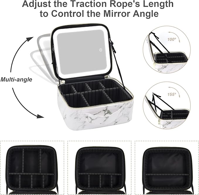 Makeup Bag with Mirror and Light, Makeup Case with Lighted Mirror, Travel Makeup Bag with Light up Mirror 3 Color Lights, Makeup Organizer Bag with Adjustable Dividers & Brush Holder(Marble)