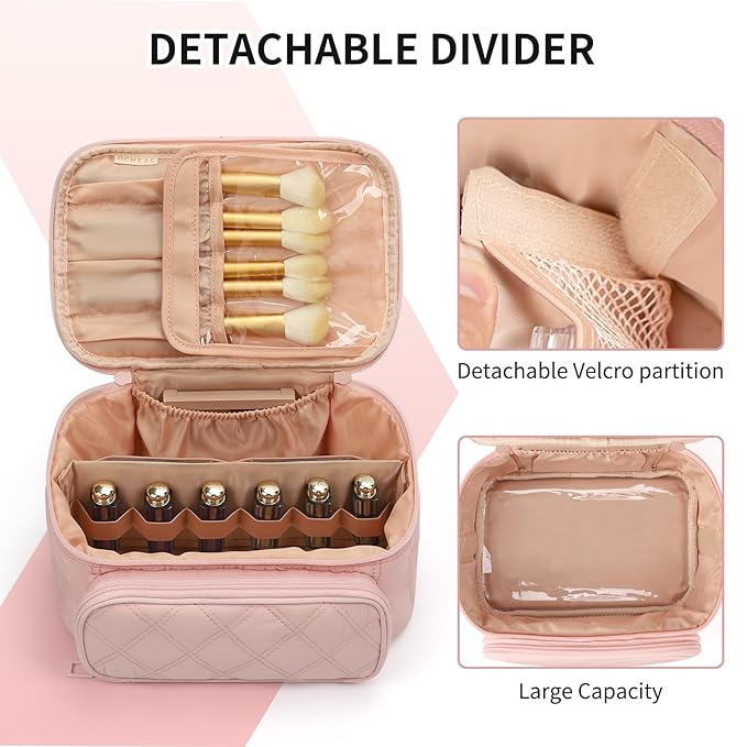 OCHEAL Makeup Bag, Multifunctional Make Up Bags Large Compact Makeup Bag Organizer Cosmetics Toiletry Brushes Storage Case for Women Girls Makeup Case with Handle Divider-Pink Large