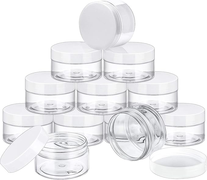 SATINIOR 24 Pieces Empty Clear Plastic Jars with Lids Round Storage Containers Wide-Mouth for Beauty Product Cosmetic Cream Lotion Liquid Butter Craft and Food (White Lid, 4 oz)