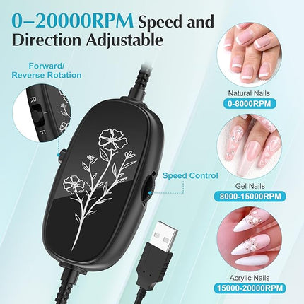 JIASHENG USB Electric Nail Drill, Portable Electric Nail File for Acrylic Gel Nails, Professional Drill Nail Kit Manicure and Pedicure Kit with Drill Bits for Home and Salon Use, Blue