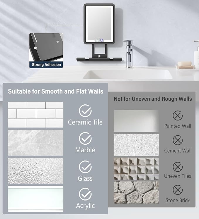 Shinowa Heated Shower Mirror Fogless for Shaving, 360° Adjustable Lighted Shower Mirror with 3 Color Modes, Rechargeable Anti Fog Shower Shaving Mirror with Large Storage Tray & Razor Holder, Black