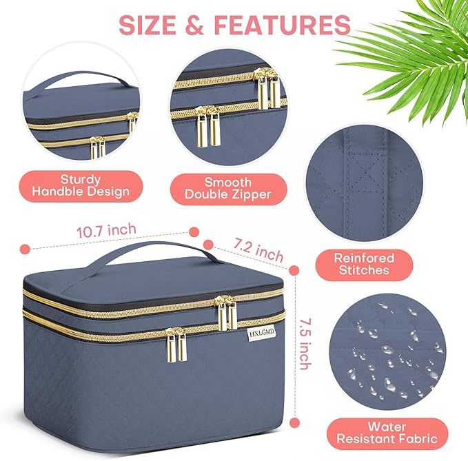 Large Makeup Bag with Mirror Double Layer Travel Make Up Organizer Case, Large Capacity Coemetic with Brush Slot Divider, Travel Toiletry Bag for Women (Aegean Blue)