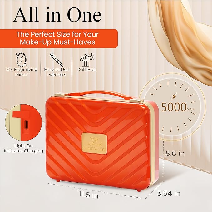 Makeup case with Light up Mirror Rechargeable with smart storage, Three light mode Mirror (Acrylonitrile Butadiene Styrene, Orange)