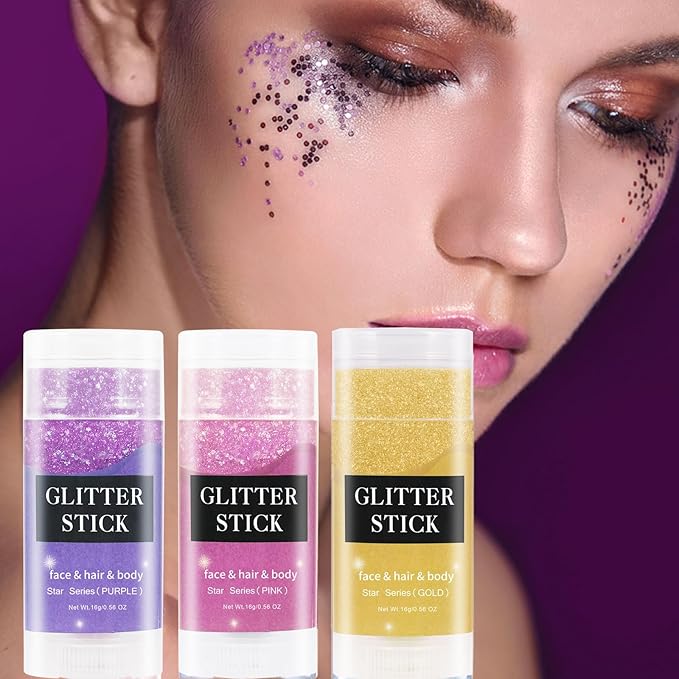 MEICOLY Purple Face Body Glitter Stick,Mardi Gras Outfit for Women,Mardi Gras Accessories,Waterproof Chunky Glitter Makeup for Face/Body/Hair/Eyes,Mermaid Glitter Face Paint,Body Glitter for Women