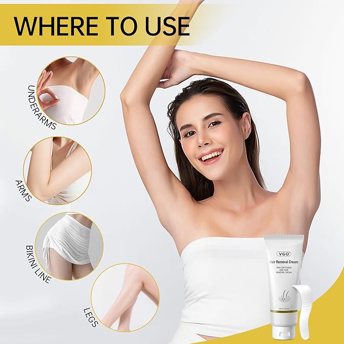 VGO Painless Hair Removal Lotion for Women & Men - For Unwanted Hair, All Skin Types, White, 4.02 oz