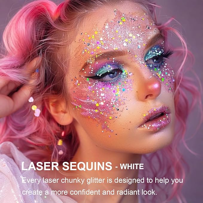 Face Body Glitter Set for Women and Kids, White Silver Pink Holographic Mermaid Sequins Chunky Glitter Makeup for Festival Rave Outfits Accessories, Sport, Wedding Season, Valentine's Day