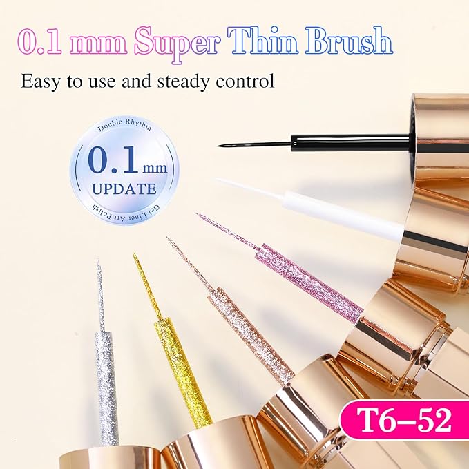 Double Rhythm 6 Pcs 15 ML Gel Liner Polish Nail Art Set Chrome Metallic Glitter Soak Off Gel Polish Kit Nail Art Manicure Salon DIY at Home for Women (Gold Silver Black White-T6-52)