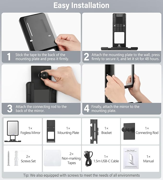 Shinowa Heated Shower Mirror Fogless for Shaving, 360° Adjustable Lighted Shower Mirror with 3 Color Modes, Rechargeable Anti Fog Shower Shaving Mirror with Large Storage Tray & Razor Holder, Black