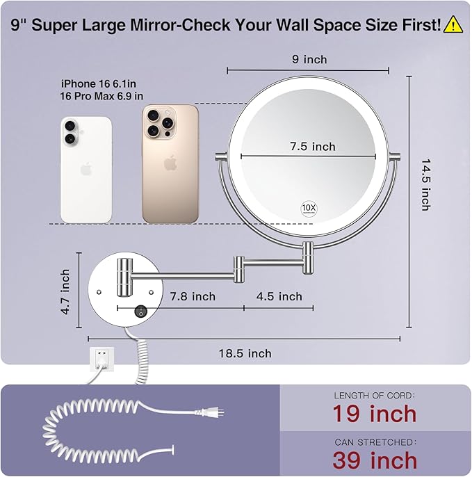 Benbilry 9" Large Size Wall Mounted Lighted Makeup Vanity Mirror, 1X/10X Magnifying 2-Sided AC Plug-in Powered Bathroom Mirror, 360° Swivel 13 Inch Extendable Arm, Chrome