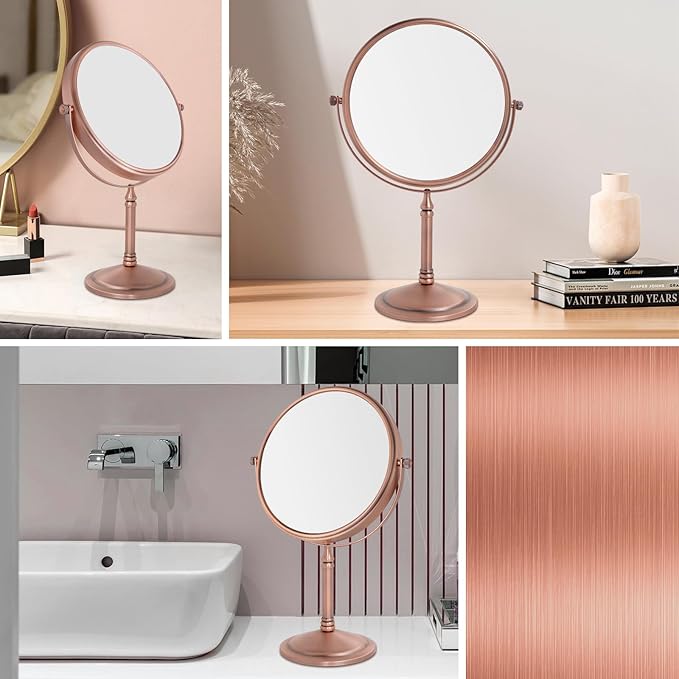 Nicesail 10x Magnified Makeup Mirror for Desk, 10x Magnifying Mirror for Bathroom Countertop, 360 Swivel Vanity Mirror Tabletop Personal Makeup, No Light Double Sided, Matte Rose Gold (8 Inch, 10X)