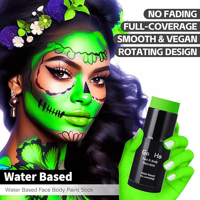 Go Ho Light Green Face Body Paint Stick,Water Based Washable Green Face Paint Stick,Non-toxic Full-coverage Cream Body Paint for Halloween Cosplay SFX Makeup,St Patricks Day Accessories