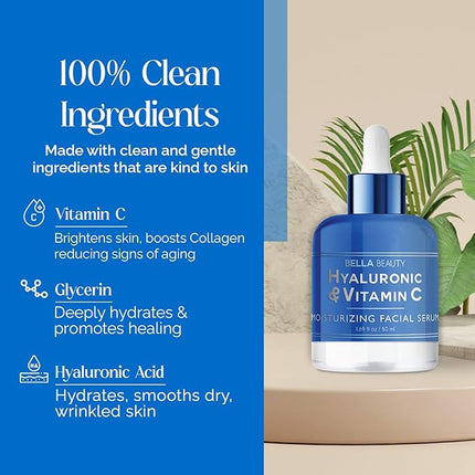 Bella Beauty Hyaluronic Acid & Vitamin C Moisturizing Facial Serum - Hydrating, Reduces Fine Lines & Wrinkles - Dermatologist Tested, Korean Skin Care for All Skin Types - 1.69 Fl. Oz (2 Pack)