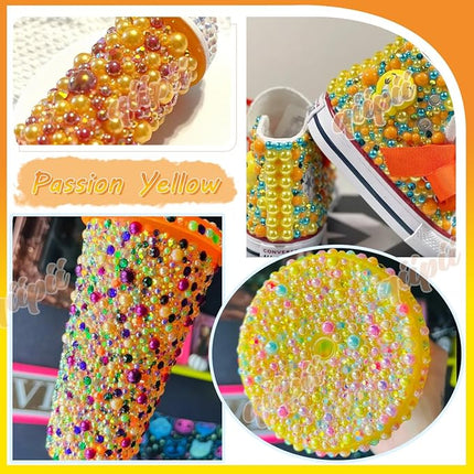 qiipii 2 Styles Lemon Yellow Flatback Pearls for Bedazzling Crafting 3mm-10mm Half Round Pearls Beads Gems Bedazzler Kit Charms for Nails Face Eyes Makeup Tumblers Bottles DIY Crafts Shoes Beauty Deco