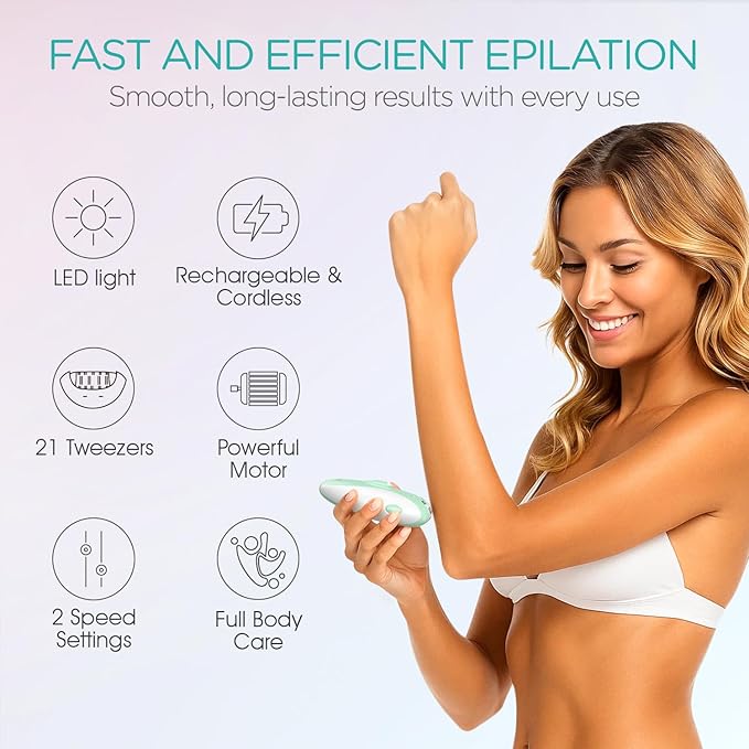 Epilators Hair Removal for Women with 21 Tweezers & LED Light, 2 Speeds Cordless Epilator for Women, Electric Hair Removal Epilators Rechargeable for Arms & Legs HR110 (Light Green)