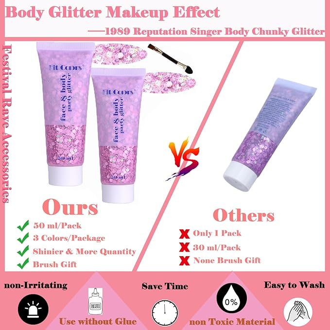 Body Glitter Face Glitter Gel: Singer Concerts Disco Festival Rave Accessories Face Glitter Makeup 150ml Chunky Sequins Mermaid Face Body Hair Glitter Gel (2 Pink)