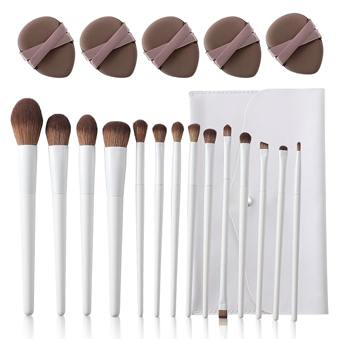 Makeup Brush Set 14Pcs Premium Synthetic Foundation Powder Contour Concealers Eyeshadow Blending Liner Makeup Brushes with Powder Puffs and Brush Bag