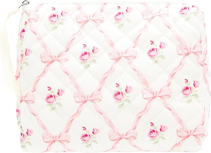 PAZIMIIK Quilted Makeup Bag Large Travel Zipper Soft Cosmetic Pouch for Women Girls Make Up,Bow Rose