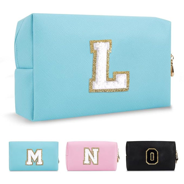 Small Personalized Initial A-Z Preppy Patch Makeup Bag,PU Chenille Letter Travel Cosmetic Pouch with Zipper,Blue Cute Toiletry Bag,Gift Ideal for Teen Girls Women Teacher Bridesmaid,Letter L