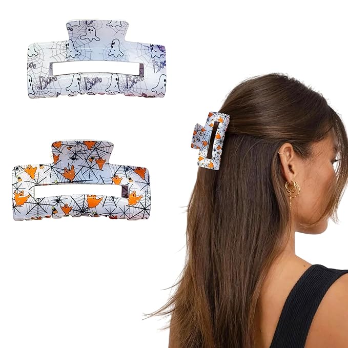 2Pcs Halloween Hair Clips for Women, Cute Spider Web Ghost Hair Claw Clips, White Square Hair Barrettes, Large Hair Claw, Nonslip Claw Clips, Halloween Hair Accessories for Hair Styling, Decorations