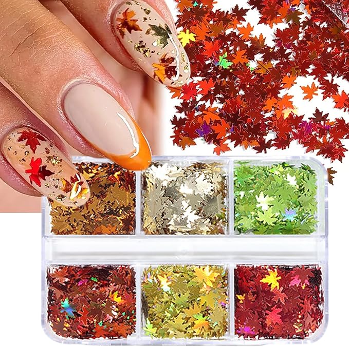 Maple Leaf Nail Art Glitter Sequins 3D Fall & Autumn Maple Leaves Holographic Confetti 6 Colors Laser Leaf Glitter Flakes for Women's Thanksgiving Nails