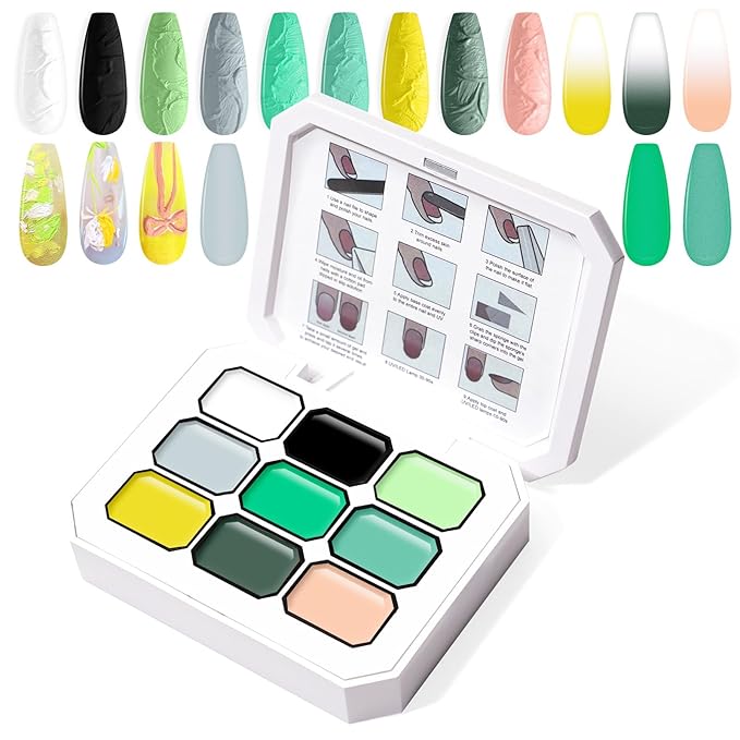 Gradient Painting Gel, 9 Colors Ombre White Black Green Nail Polish for 3D Nail Sculpting Gel Pigment Pat Nails Aura, French Manicure DIY Nail Art Long-lasting No-wipe Palette