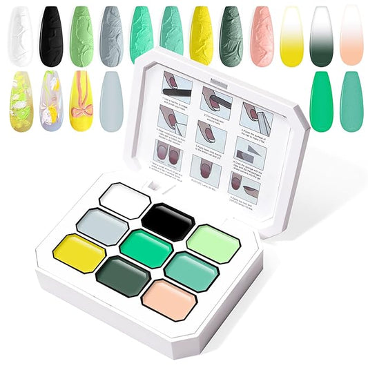 Gradient Painting Gel, 9 Colors Ombre White Black Green Nail Polish for 3D Nail Sculpting Gel Pigment Pat Nails Aura, French Manicure DIY Nail Art Long-lasting No-wipe Palette
