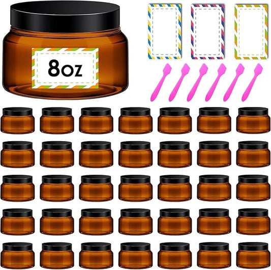 36 Pack 8 oz Amber Plastic Cosmetic Containers With Lids Refillable Clear Empty Travle Jars Containers for Body Butter,Sugar Scrubs,Cream,Lotions,Candy, Waterproof Label&Spatulas - (Black Lid)