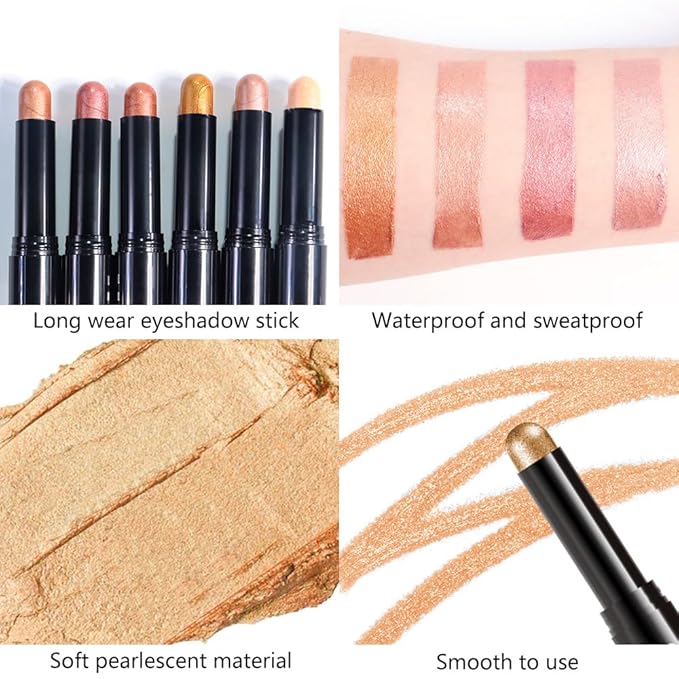 6Pcs Cream Eye Shadow Sticks Makeup for Women, Nude Beige Smoky Pale Rose Gold Rose Gold Champagne Gold Copper Shimmer Matte Eye Shadow Brightener Stick for Eyes, Waterproof Eyeshadow Pencil Set01