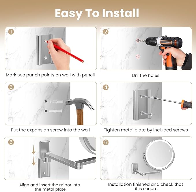 Wall Mounted Lighted Makeup Mirror - 8" Rechargeable Double Sided 20X/1X Magnifying Vanity Mirror with 3 Color Lights, Touch Dimmable, 360° Swivel & Extendable Arm for Women