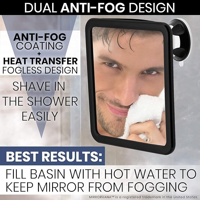 MIRRORVANA Fogless Shower Mirror for Shaving with Upgraded Suction, Dual Anti Fog Design, Shatterproof Surface & 360° Swivel, 8" x 7"