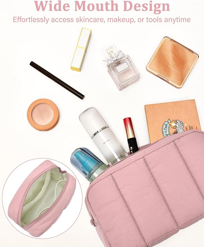 oscaurt 2 Pcs Makeup Bag Travel Toiletry Bag for Women Puffy Padded Cosmetic Pouch Purse Wide-open Makeup Organizer Case Travel Essentials