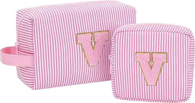 MONSTINA Personalized Initial Makeup Bag Set for Girls&Women,Personalized Make Up Case for Girlfriend Graduation Teacher Gifts,Cute Toiletry Bag Preppy Chenille Letter Patch,2PCS,Pink V