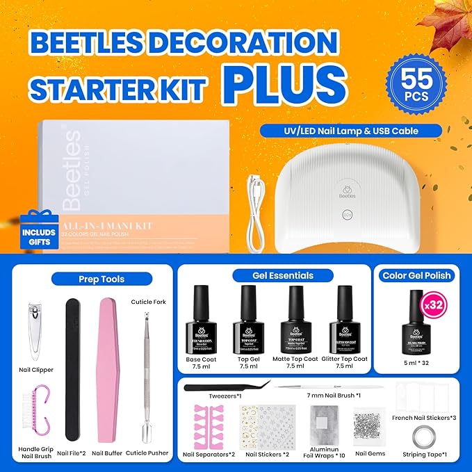 Beetles Gel Nail Polish Kit with U V Light - 32 Colors Nail Kit 55 Pcs Gel Polish Set Four Seasons Glow Pro Base & Matte Glossy Top Coat Nails Stuff Soak Off DIY Art Set Gifts for Women Teen Girls