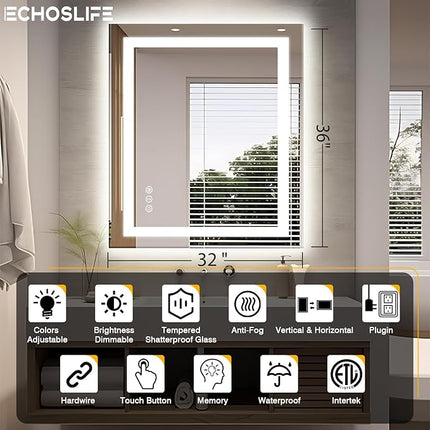 32"x36" LED Bathroom Mirror, Front and Backlit Mirror, Anti-Fog Vanity Mirror with Lights, Stepless Dimmable Illuminated, 3 Colors Smart Mirror (Horizontal/Vertical)