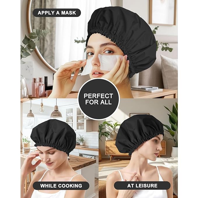 Shower Cap for Women, Double Layer Waterproof Bath Cap, Reusable Hair Protector, Large Waterproof Shower Bonnet Washable Elastic Band Bath Hair Hat for Long Hair, Braids，Black