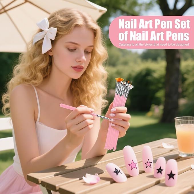 Artdone 15pcs Pink Nail Art Brushes, Nail Art Tool Set, Dotting Tools, Dust Brush,Striping Brushes for Long Lines, Drawing Pen For Gel Polish Design supply