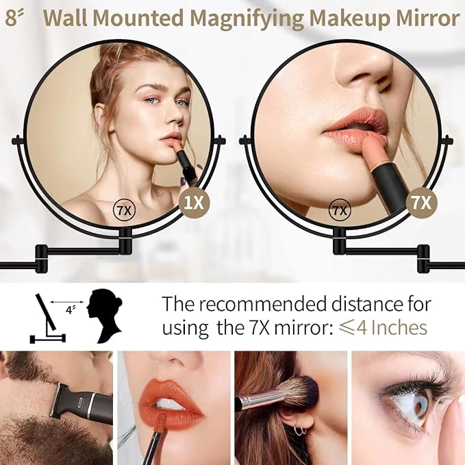 8” Wall Mounted Magnifying Makeup Mirror 1X/7X Wall Mount Mirror Swing Arm Two-Sided 360° Swivel Bathroom Shaving Mirror for Men and Women in Hotel/Home, Black