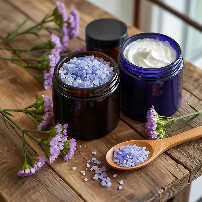 4 oz Amber & Blue Glass Jars with Lids - 32 Pack Leakproof Cosmetic Containers with Inner Liners, Wide-Round Smooth Mouth, Sealable for Creams, Lotions, Essential Oils, Travel Samples