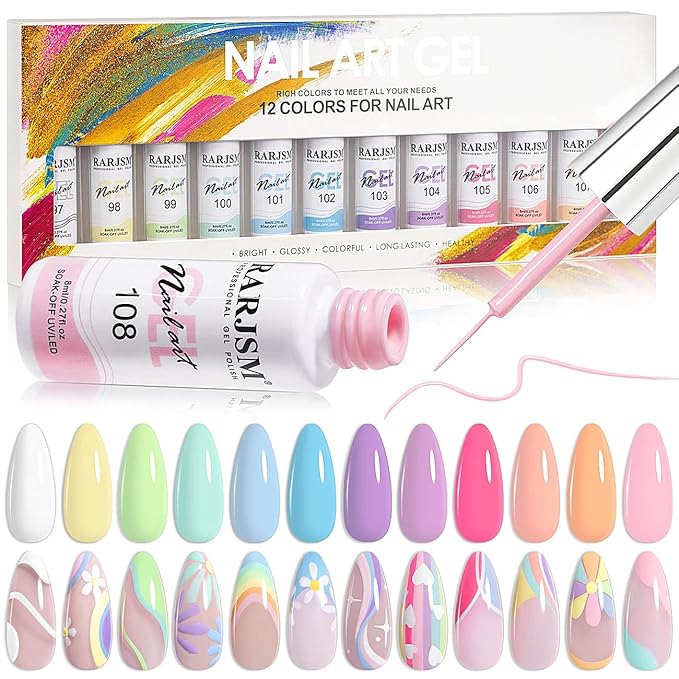 RARJSM Nail Art Gel Liner Painting Polish Set,12 Pastel Colors Spring Summer Collection,Painted Gel Nail Polish Set Build in Thin Brush Soak Off Curing Requires Salon DIY Nail Design Line Art 8ML