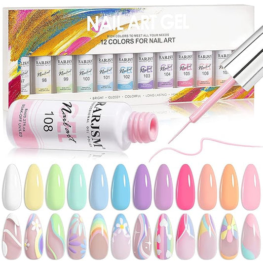 RARJSM Nail Art Gel Liner Painting Polish Set,12 Pastel Colors Spring Summer Collection,Painted Gel Nail Polish Set Build in Thin Brush Soak Off Curing Requires Salon DIY Nail Design Line Art 8ML