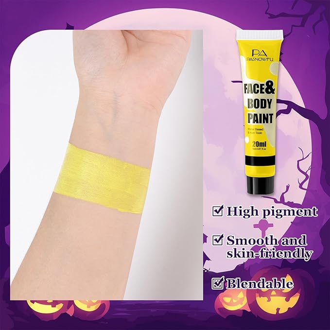 Yellow Face Body Paint -Water-Based Non-Toxic Body Painting for Cartoon Character Halloween SFX Cosplay, Full Coverage Washable Paint for Costume Party Theater Stage Performance