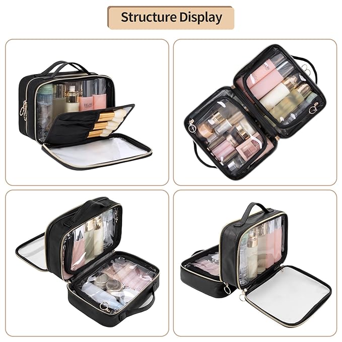 OCHEAL Clear Makeup Bag, Double Layer Cosmetic Bag, Large Capacity Minimalist Cosmetic Case for Women Travel Beauty Essentials, Multiple Compartments Makeup Case Organizer Zipper Pouch -Clear