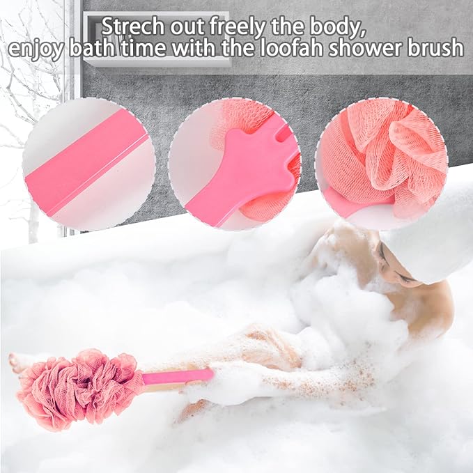 4Pack Back Scrubber for Shower, Evmliy Loofah Sponge Brush Exfoliating Body, Long Handle Scrub Brush for Shower with Loofah on a Stick for Back Use, Bathing Accessories Body Brushes (4Pack)