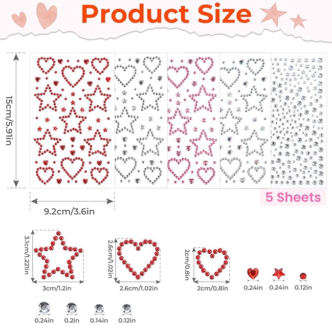YGDZ Face Gems, Face Rhinestones Star Heart Self Adhesive Hair Gems, Festival Jewels Stickers Stick on, Rave Accessories, Face Jewels for Kids, Women